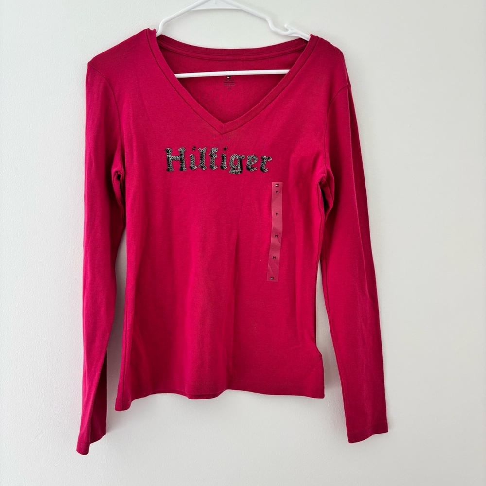 Pink Tommy Hilfiger Sequin V Neck Tee